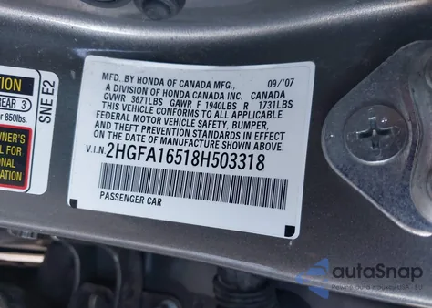 2008 Honda Civic Lx from USA, damaged, VIN 2HGFA16518H503318